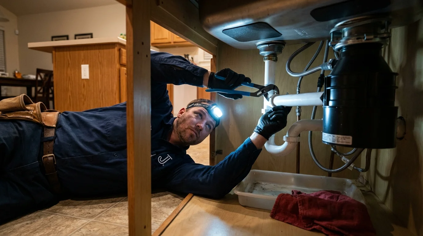 P-trap and supply line connections under a kitchen sink showing a common leak point in Winchester, NH